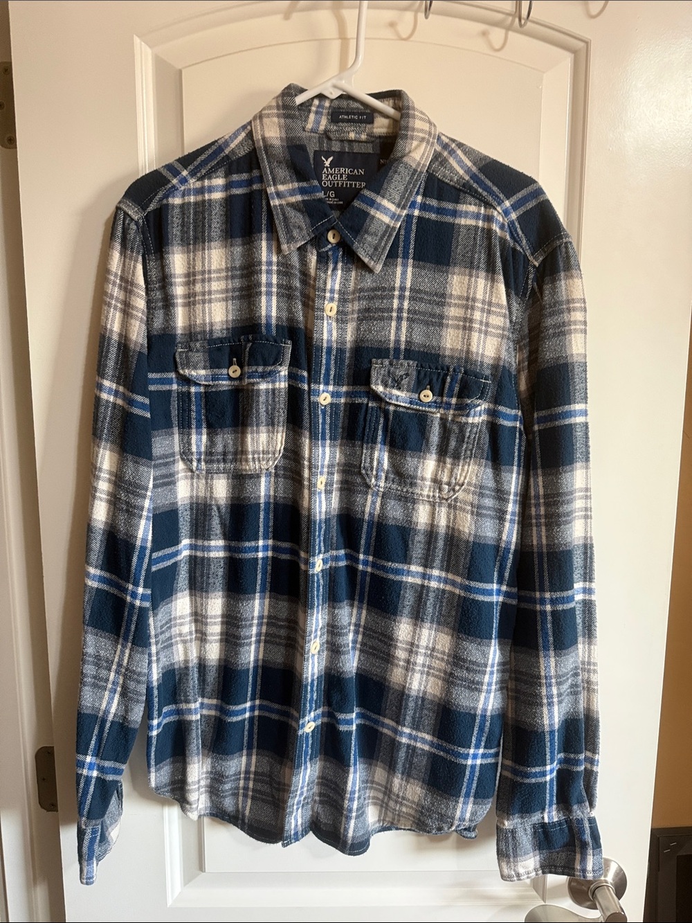 American Eagle Outfitters Blue and White Plaid Flannel Button-Down Shirt